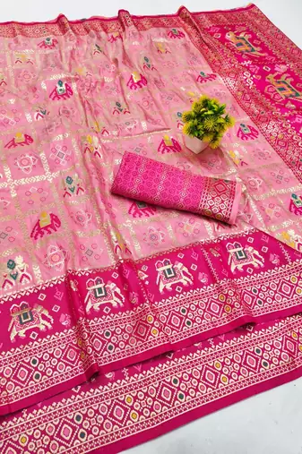 Pink zari woven patola silk blend saree with blouse piece