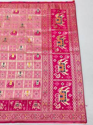 Pink zari woven patola silk blend saree with blouse piece 2