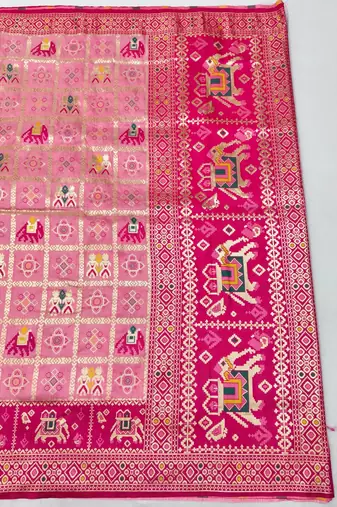 Pink zari woven patola silk blend saree with blouse piece