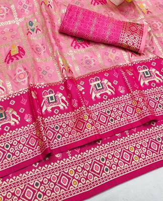 Pink zari woven patola silk blend saree with blouse piece 3