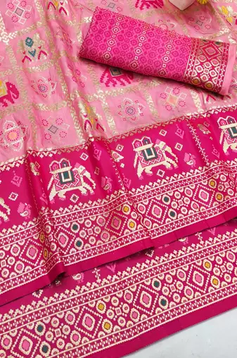 Pink zari woven patola silk blend saree with blouse piece