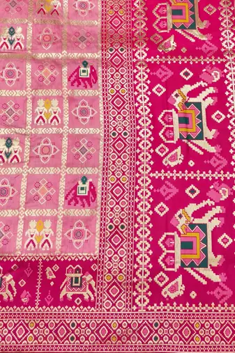 Pink zari woven patola silk blend saree with blouse piece
