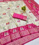 Cream zari woven patola silk blend saree with blouse piece