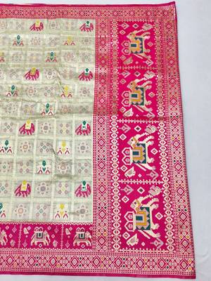 Cream zari woven patola silk blend saree with blouse piece 2