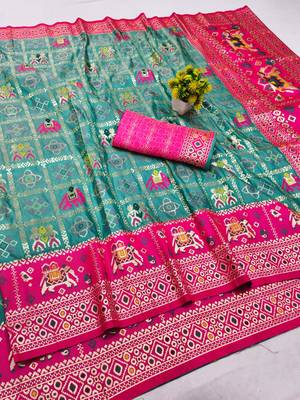 Blue zari woven patola silk blend saree with blouse piece 1