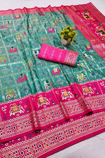 Blue zari woven patola silk blend saree with blouse piece
