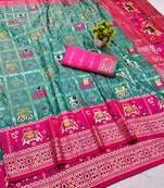 Blue zari woven patola silk blend saree with blouse piece