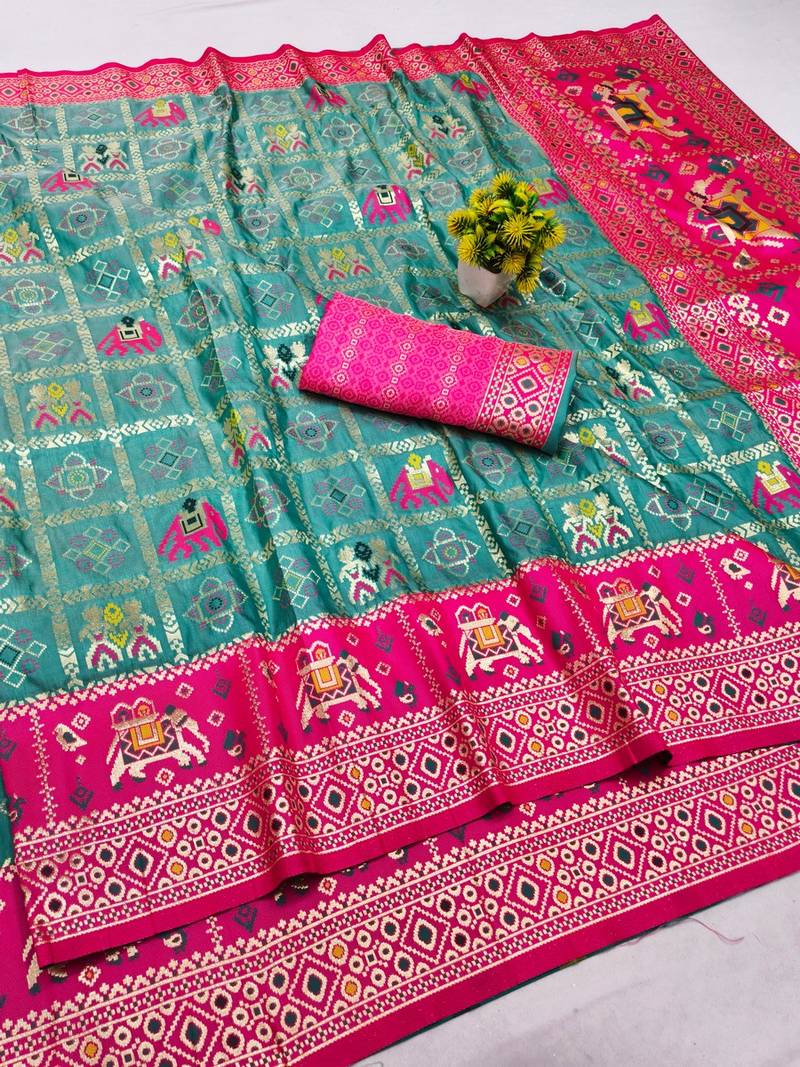Blue zari woven patola silk blend saree with blouse piece