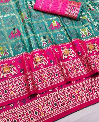 Blue zari woven patola silk blend saree with blouse piece 3