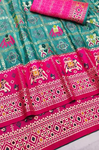 Blue zari woven patola silk blend saree with blouse piece