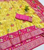 Gold zari woven patola silk blend saree with blouse piece