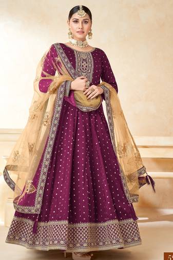 Wine Taffeta Silk Butti Anarkali Suit