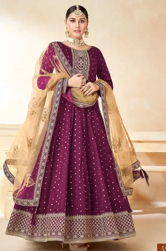 Wine Taffeta Silk Butti Anarkali Suit