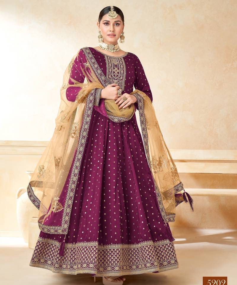 Wine Taffeta Silk Butti Anarkali Suit