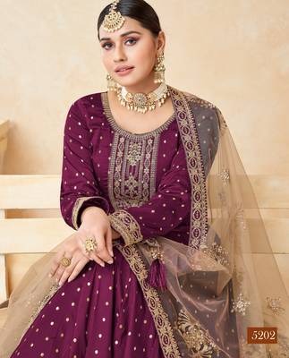 Wine Taffeta Silk Butti Anarkali Suit 2