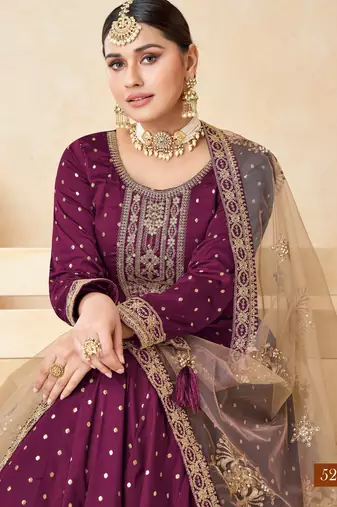 Wine Taffeta Silk Butti Anarkali Suit