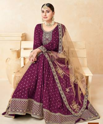 Wine Taffeta Silk Butti Anarkali Suit 3
