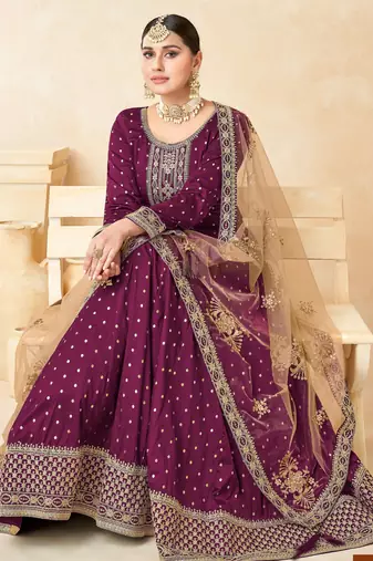 Wine Taffeta Silk Butti Anarkali Suit