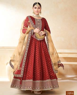 Marron Taffeta Silk Butti Anarkali Suit 1
