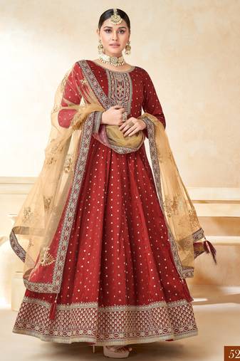 Marron Taffeta Silk Butti Anarkali Suit