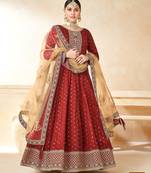 Marron Taffeta Silk Butti Anarkali Suit