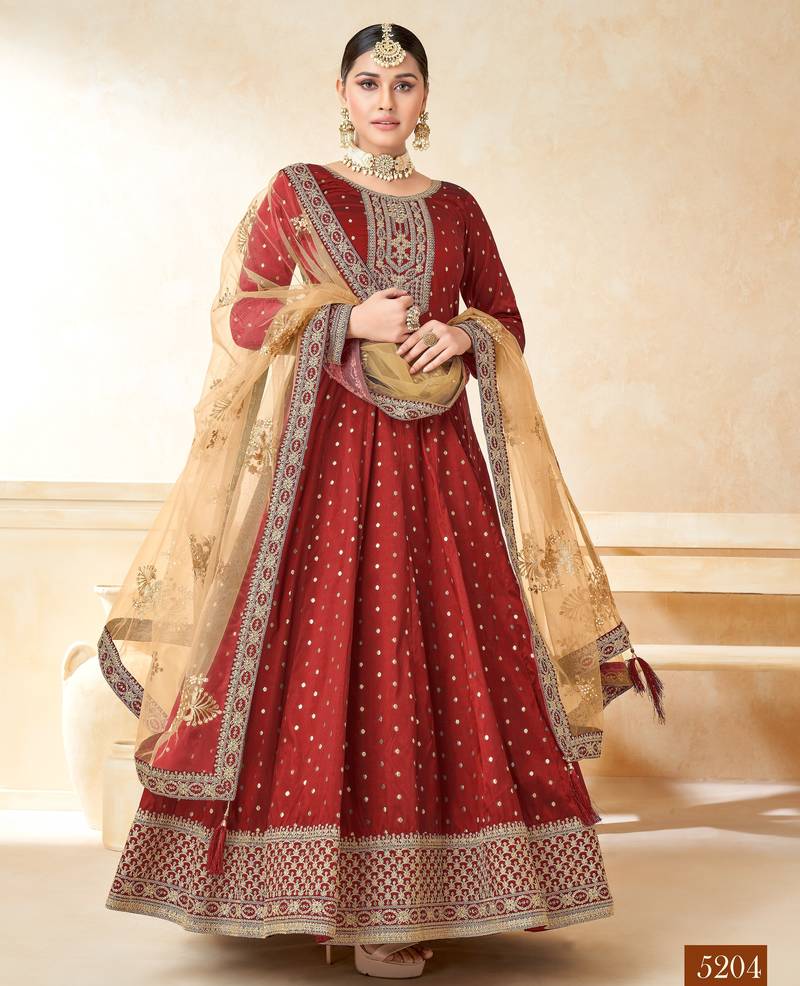 Marron Taffeta Silk Butti Anarkali Suit
