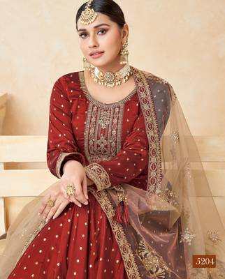 Marron Taffeta Silk Butti Anarkali Suit 2