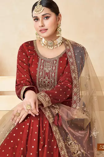 Marron Taffeta Silk Butti Anarkali Suit