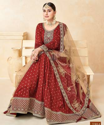 Marron Taffeta Silk Butti Anarkali Suit 3