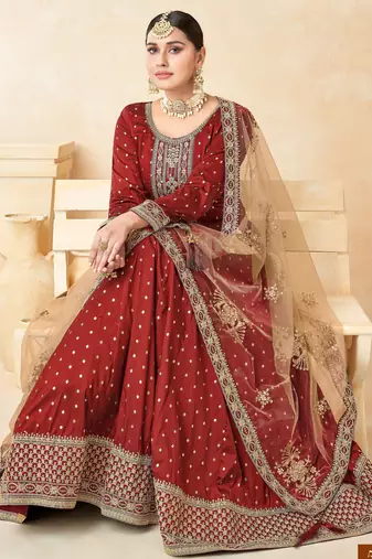 Marron Taffeta Silk Butti Anarkali Suit