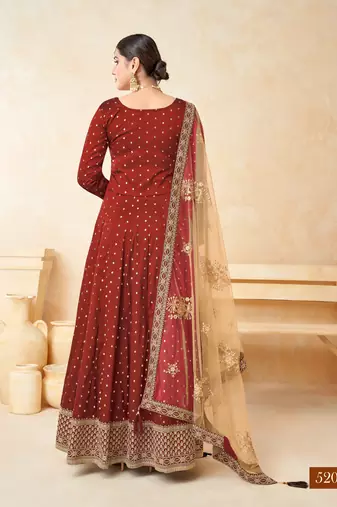 Marron Taffeta Silk Butti Anarkali Suit
