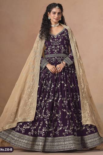  WINE ZARI WORK GEORGETTE GOWN 