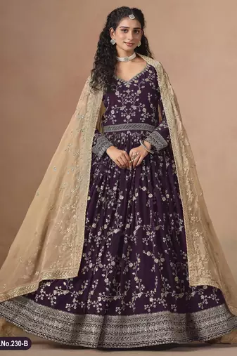  WINE ZARI WORK GEORGETTE GOWN 