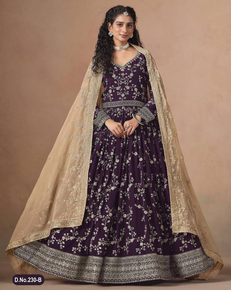  WINE ZARI WORK GEORGETTE GOWN 