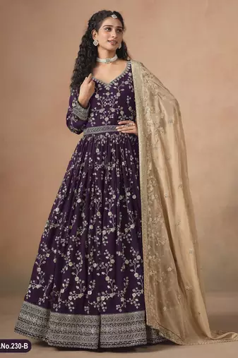  WINE ZARI WORK GEORGETTE GOWN 