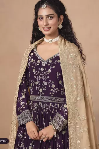  WINE ZARI WORK GEORGETTE GOWN 