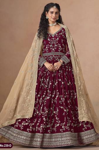 MAROON ZARI WORK GEORGETTE GOWN 