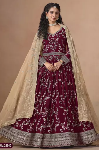 MAROON ZARI WORK GEORGETTE GOWN 