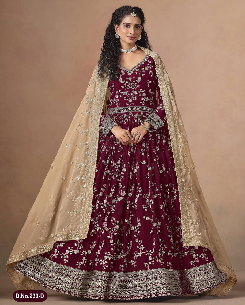 MAROON ZARI WORK GEORGETTE GOWN 