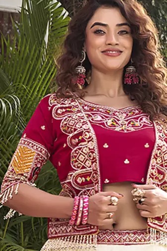 red colour Embroidered Vichitra Lehenga Choli with Koti Set