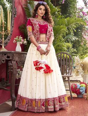 red colour Embroidered Vichitra Lehenga Choli with Koti Set 1