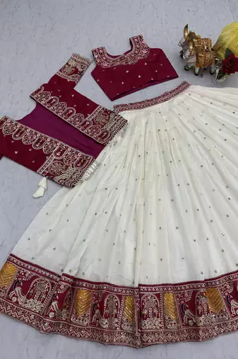 red colour Embroidered Vichitra Lehenga Choli with Koti Set