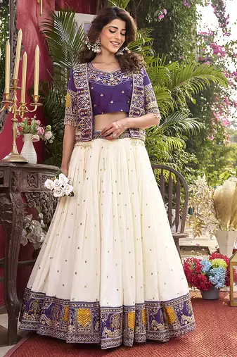 purple colour Embroidered Vichitra Lehenga Choli with Koti Set