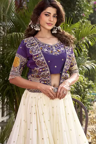 purple colour Embroidered Vichitra Lehenga Choli with Koti Set