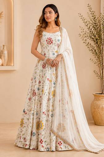 Off white faux georgette embroidered anarkali suit set