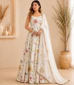 Off white faux georgette embroidered anarkali suit set
