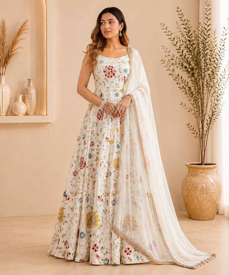 Off white faux georgette embroidered anarkali suit set