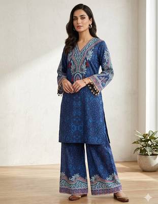 Blue printed crepe silk kurti palazzo set 1