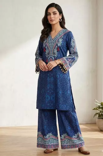 Blue printed crepe silk kurti palazzo set