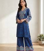 Blue printed crepe silk kurti palazzo set